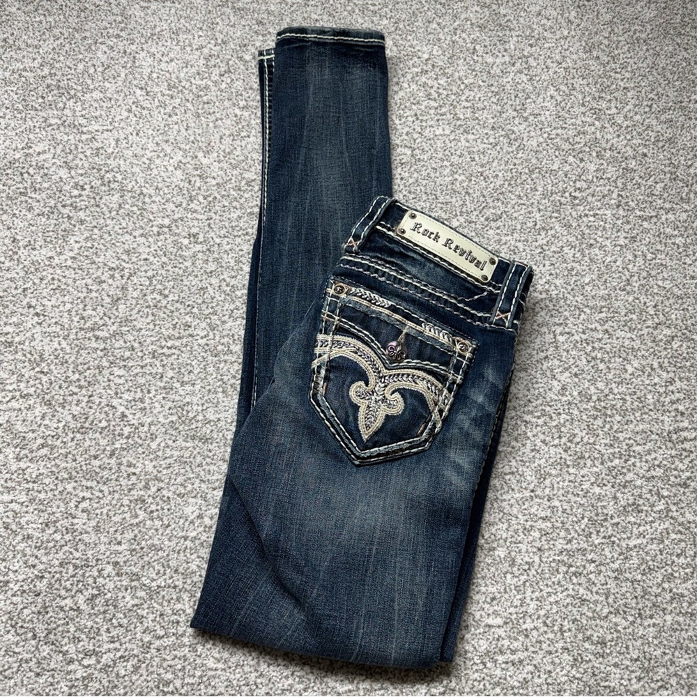 Women’s Rock Revival Pilkin‎ Dark Wash Blue Mid-Rise Skinny Jeans Size 26x33